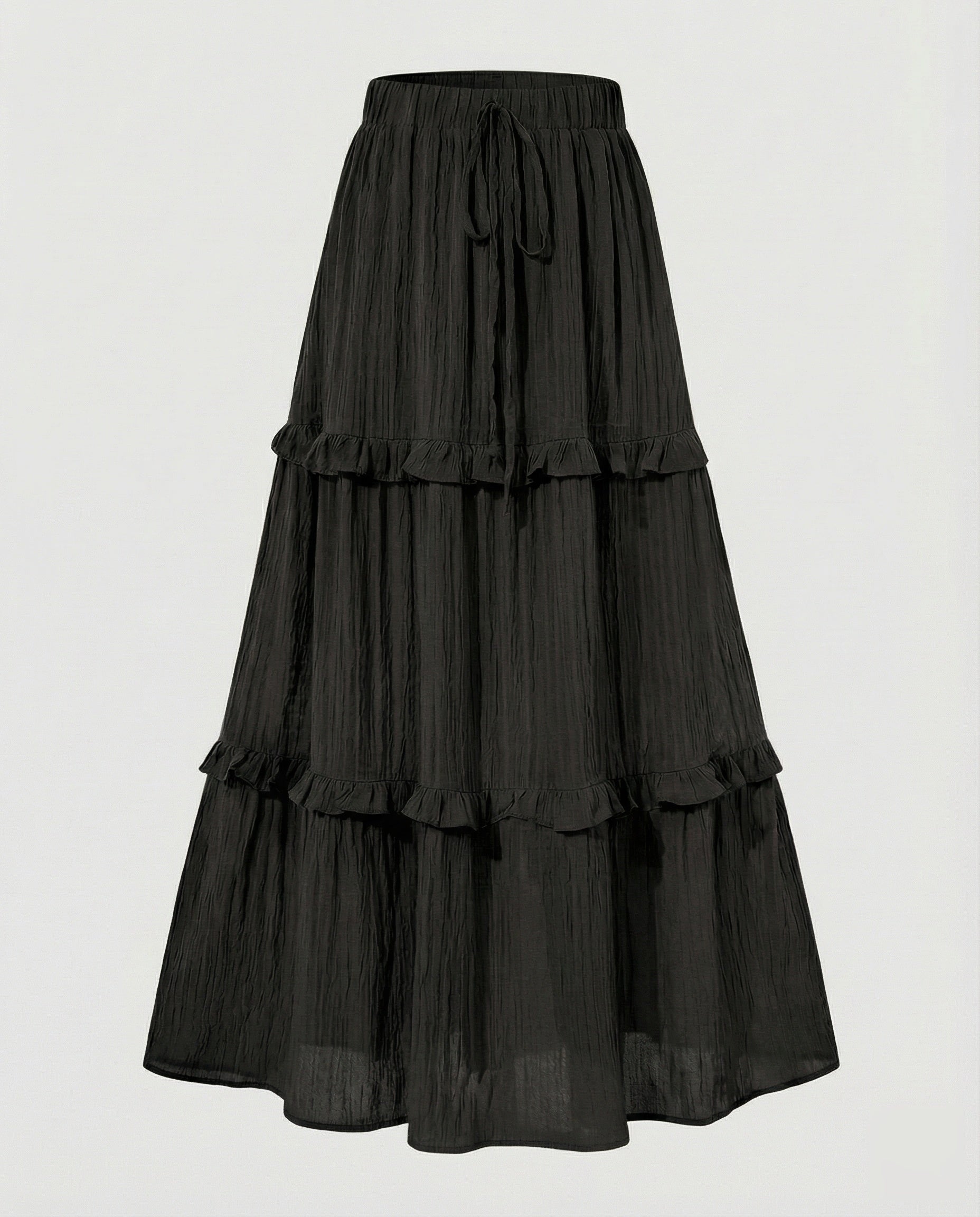 Women’s crinkle tiered maxi skirt with elastic waistband and drawstring