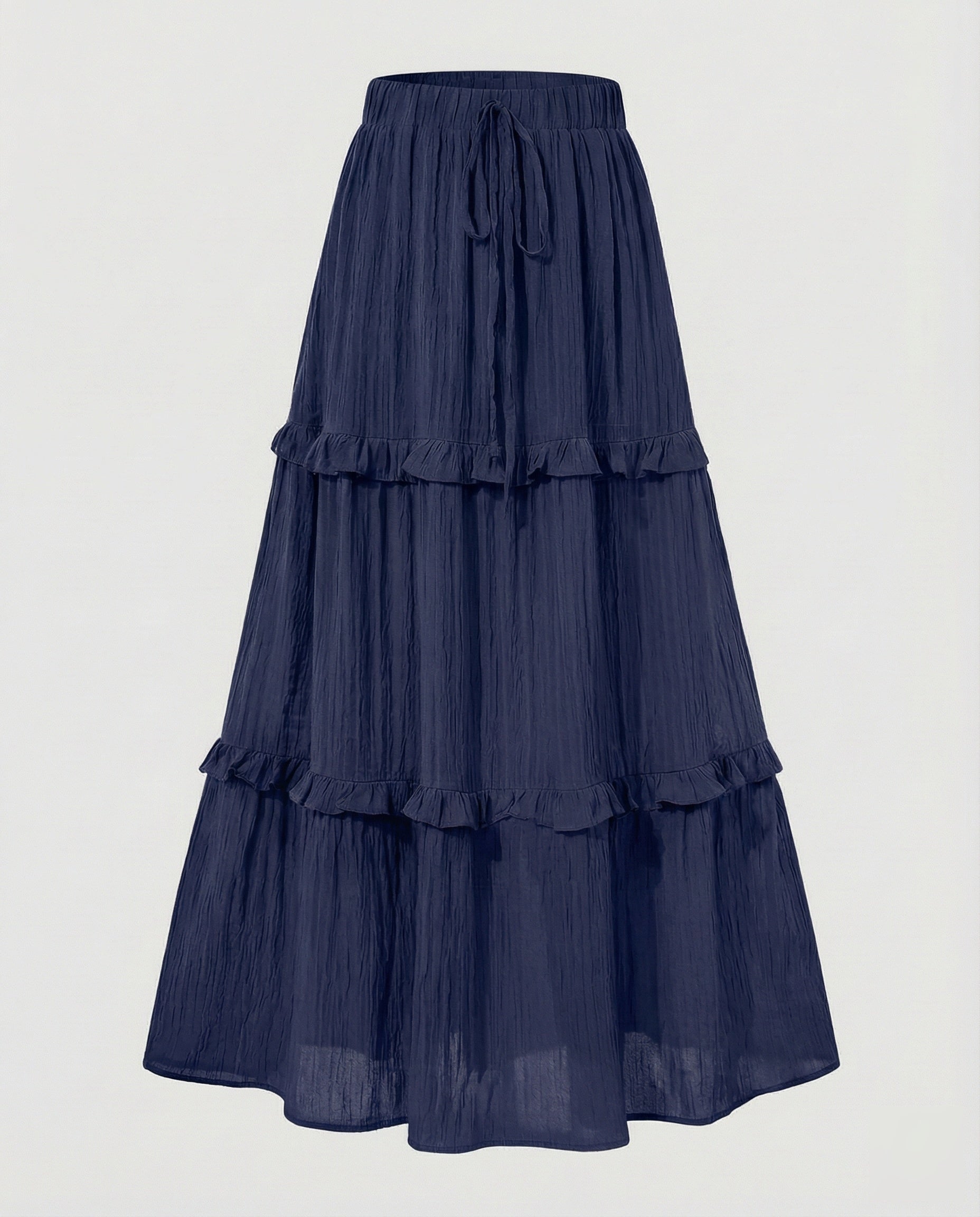 Women’s crinkle tiered maxi skirt with elastic waistband and drawstring
