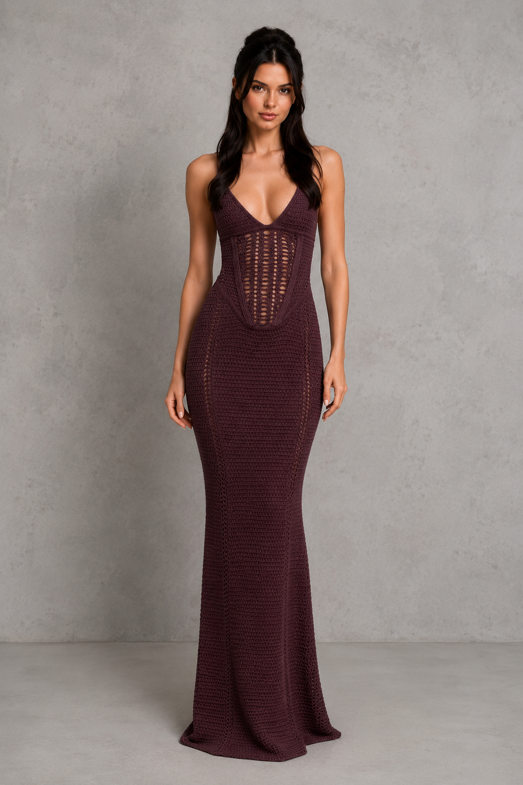 Women's crochet knit maxi dress featuring structured triangle cups, body-contouring silhouette, and an open lace-up back with crossover straps. Elegant bohemian-inspired design in a lightweight textured knit, ideal for evening events, vacations, and resort wear.