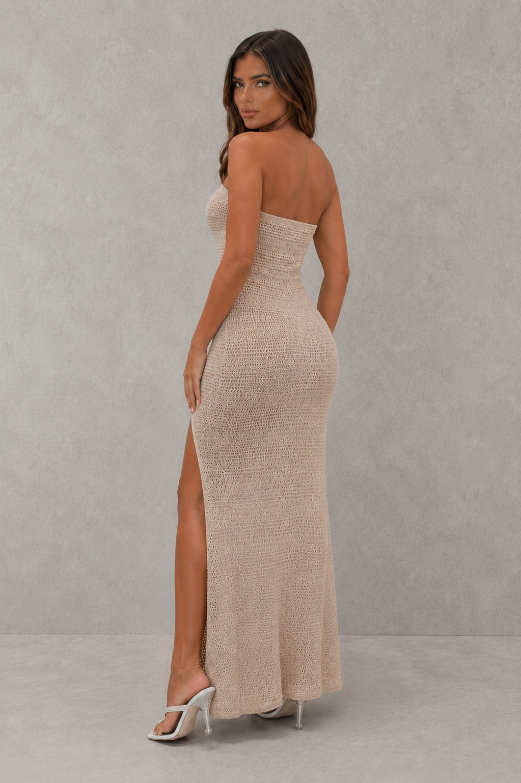 Women’s elegant cut-out maxi dress with side slit, figure-skimming silhouette and soft stretch fabric for evening and special occasion wear.