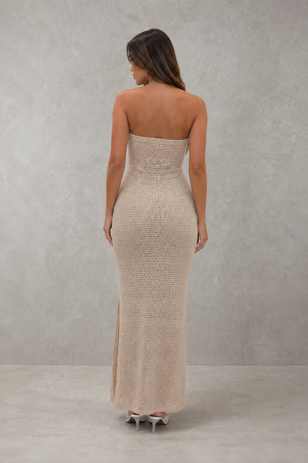 Women’s elegant cut-out maxi dress with side slit, figure-skimming silhouette and soft stretch fabric for evening and special occasion wear.