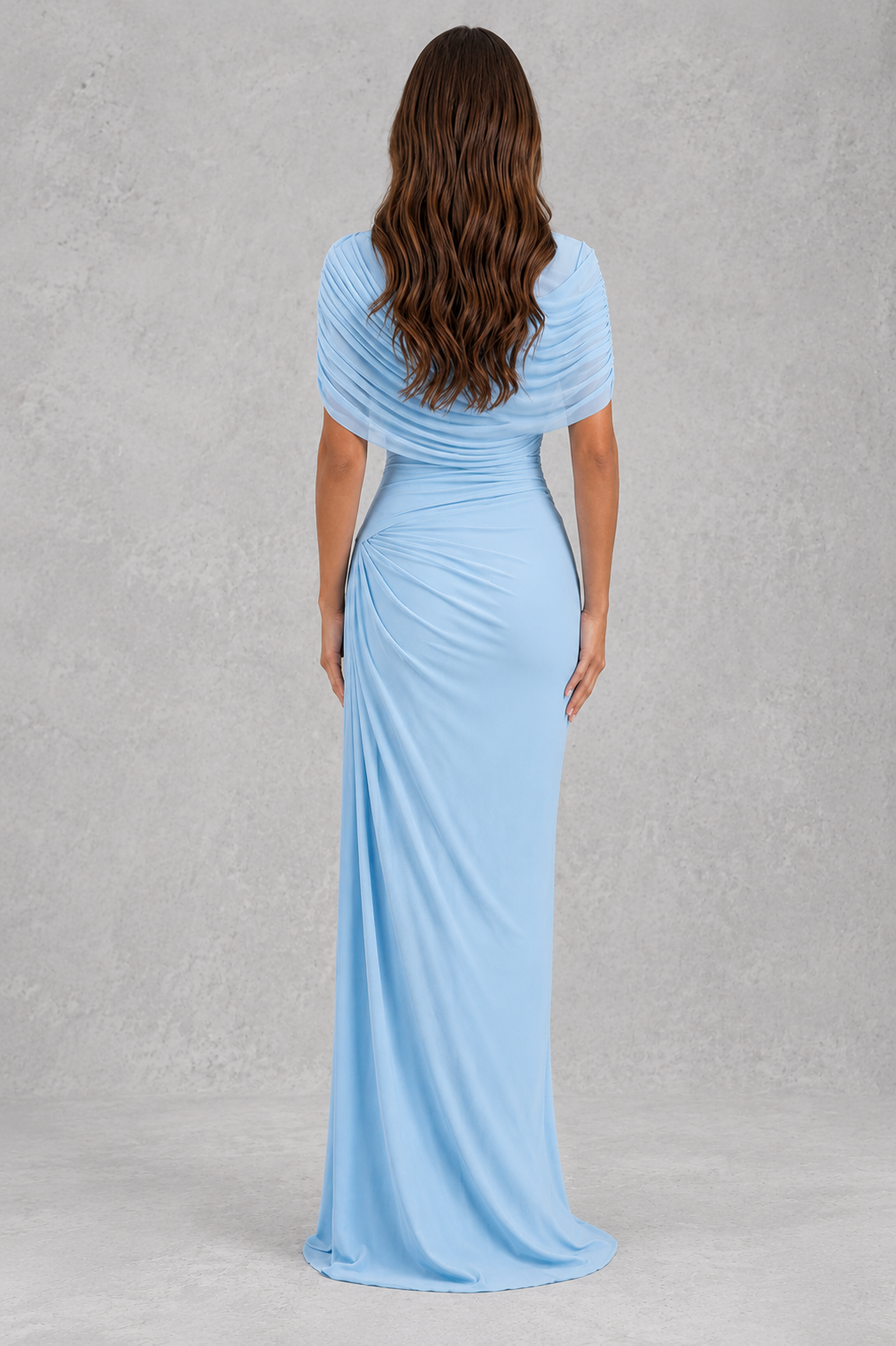 Baby blue women’s draped maxi dress with sculptural pleats, a crew neckline, sleeveless design, and elegant flowing shawl detail.