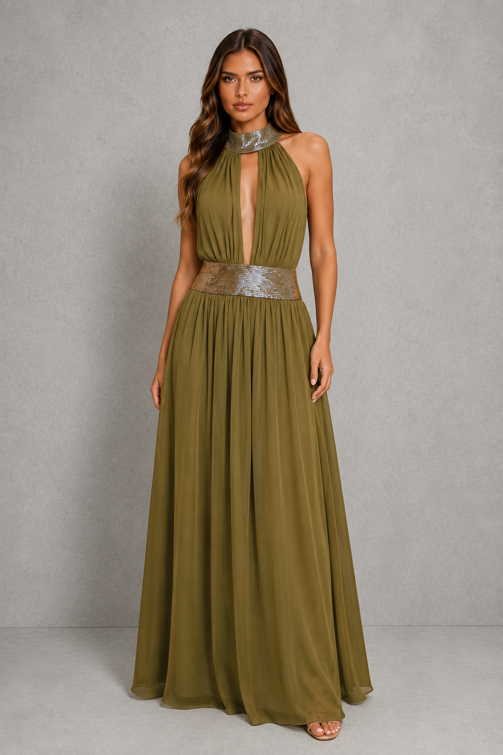 Women’s embellished halter chiffon maxi dress with deep plunge neckline, beaded waistband, open back and flowing floor-length skirt.