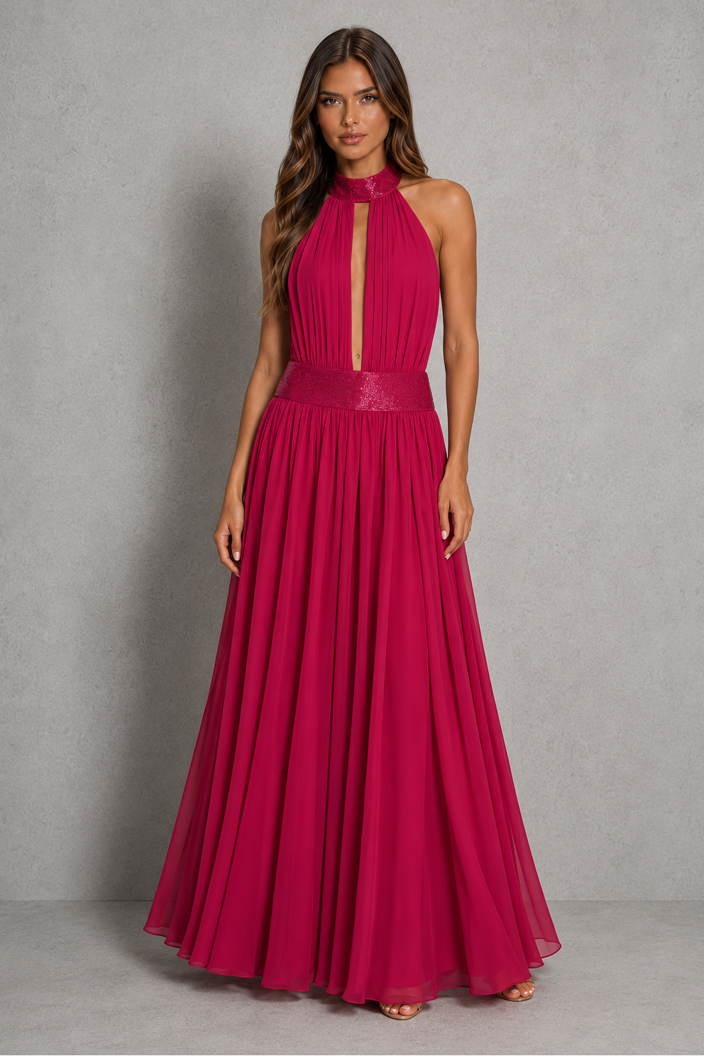Women’s embellished halter chiffon maxi dress with deep plunge neckline, beaded waistband, open back and flowing floor-length skirt.