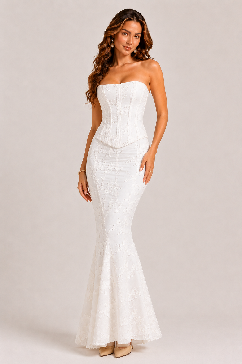 Women’s Embroidered Corset Gown with Flared Hem - Sculpted Fit