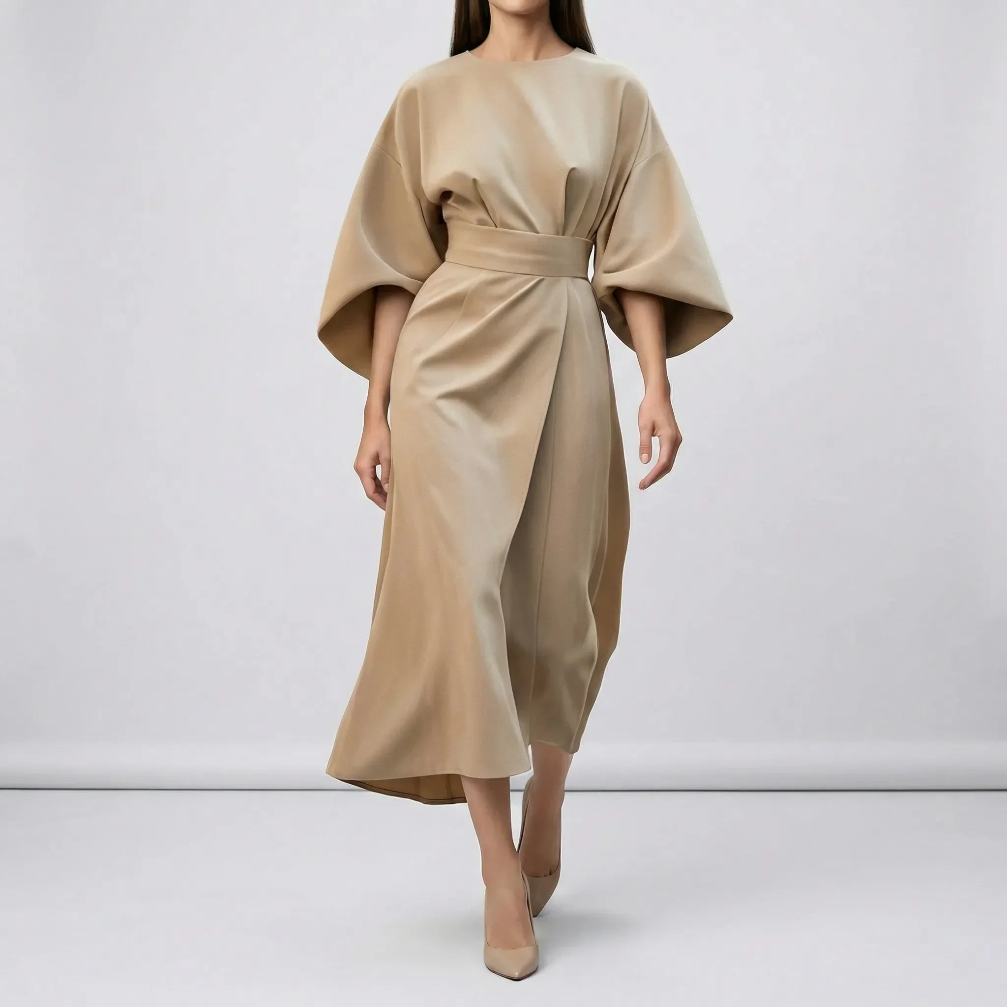 Women’s midi evening dress with lantern sleeves and tie waist belt