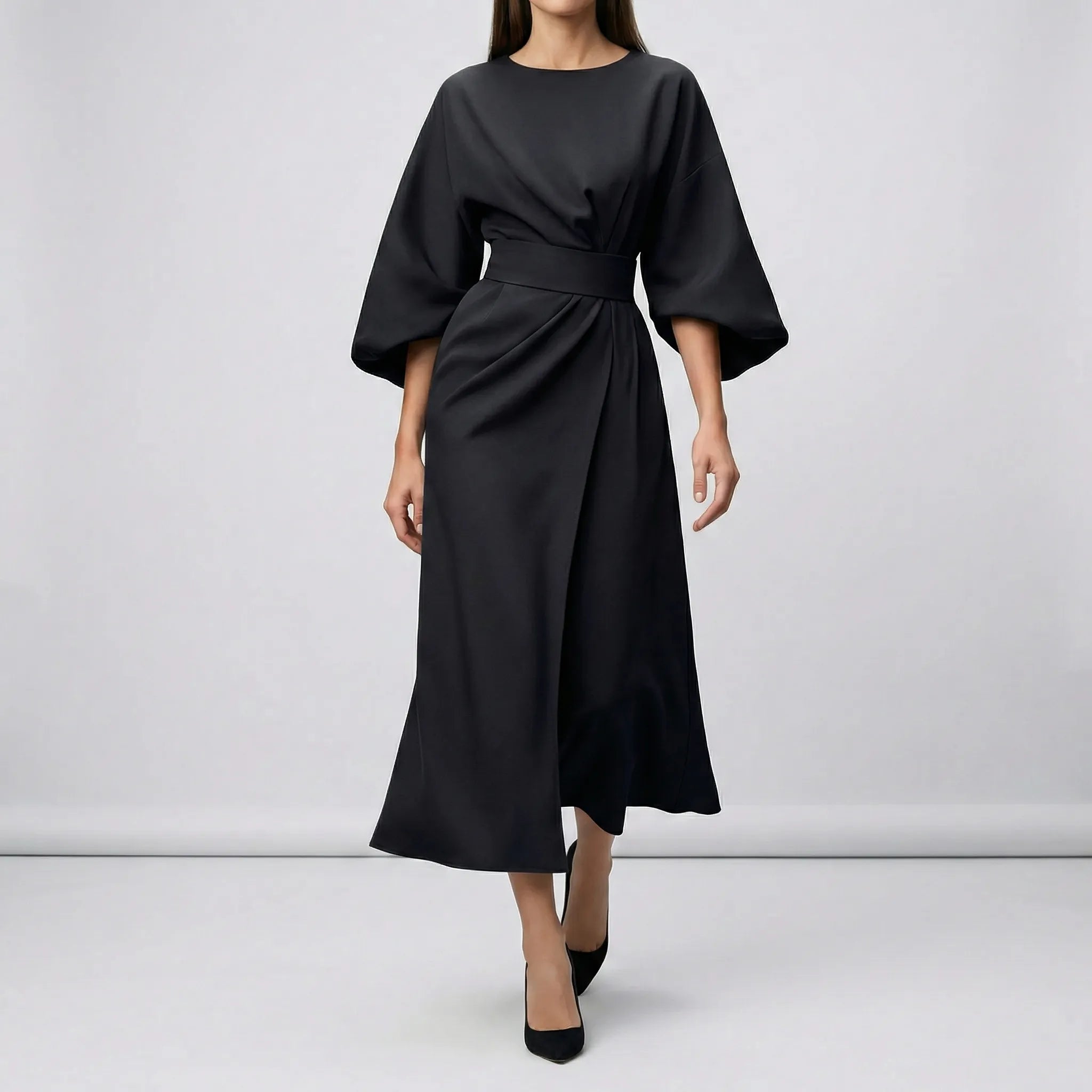 Women’s midi evening dress with lantern sleeves and tie waist belt