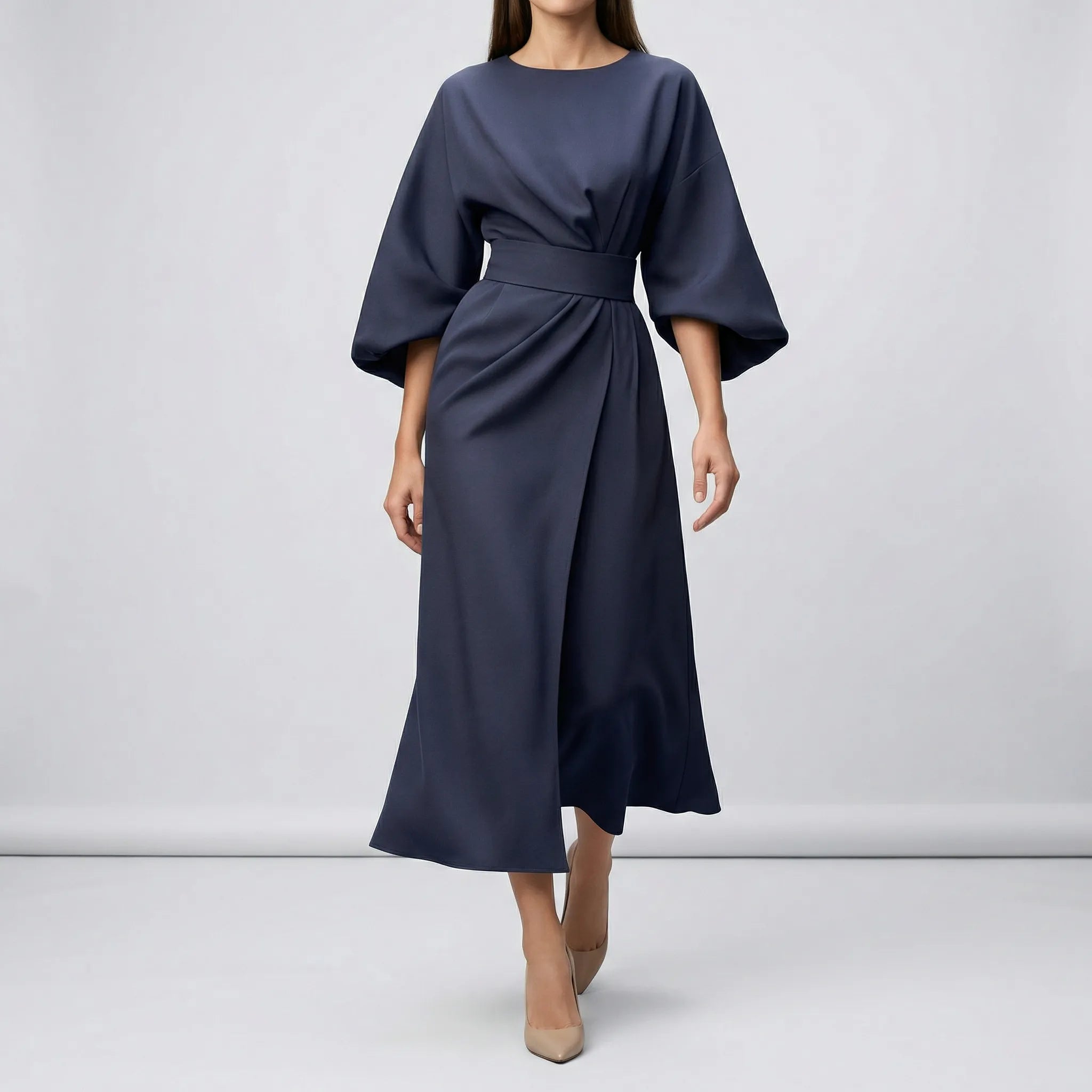 Women’s midi evening dress with lantern sleeves and tie waist belt