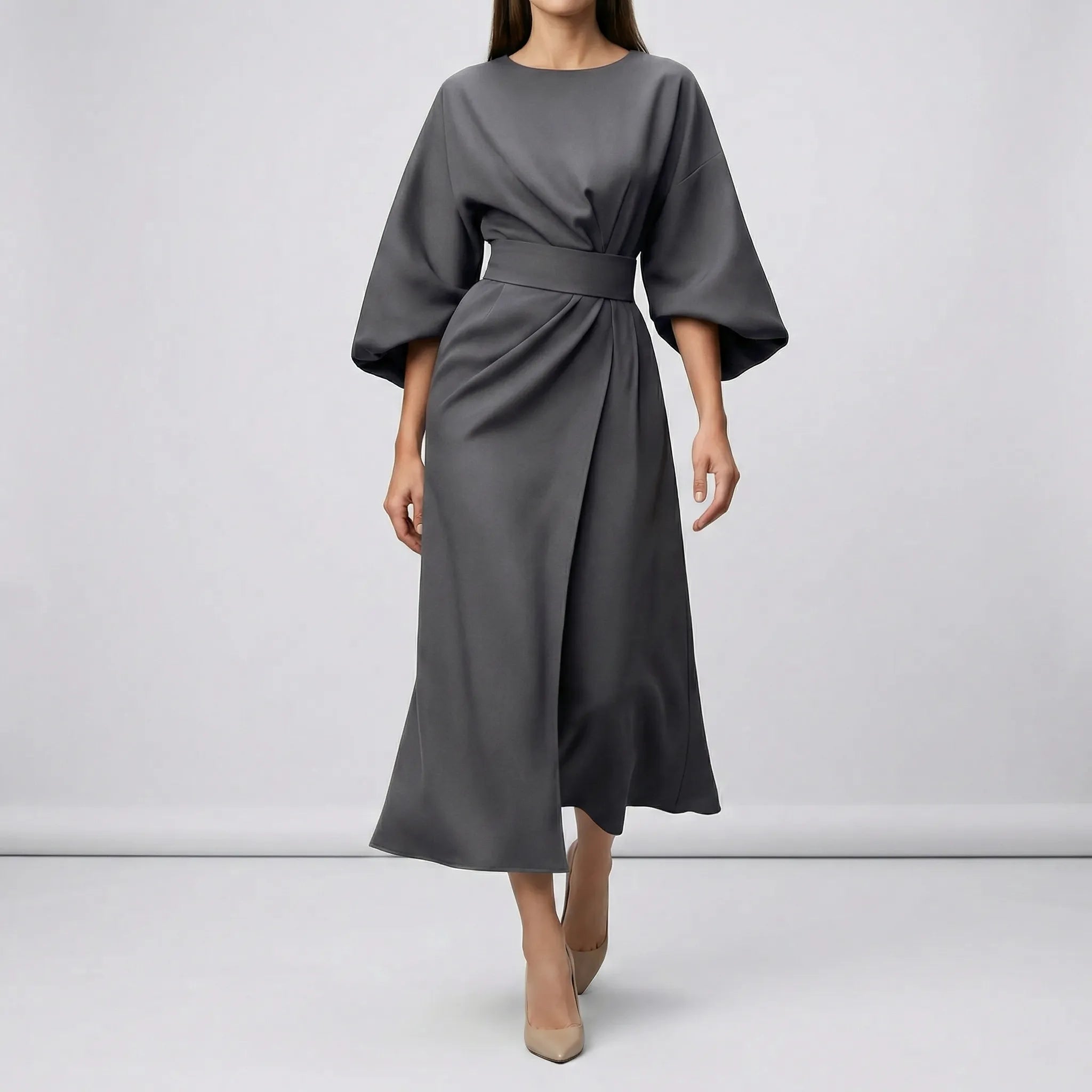 Women’s midi evening dress with lantern sleeves and tie waist belt
