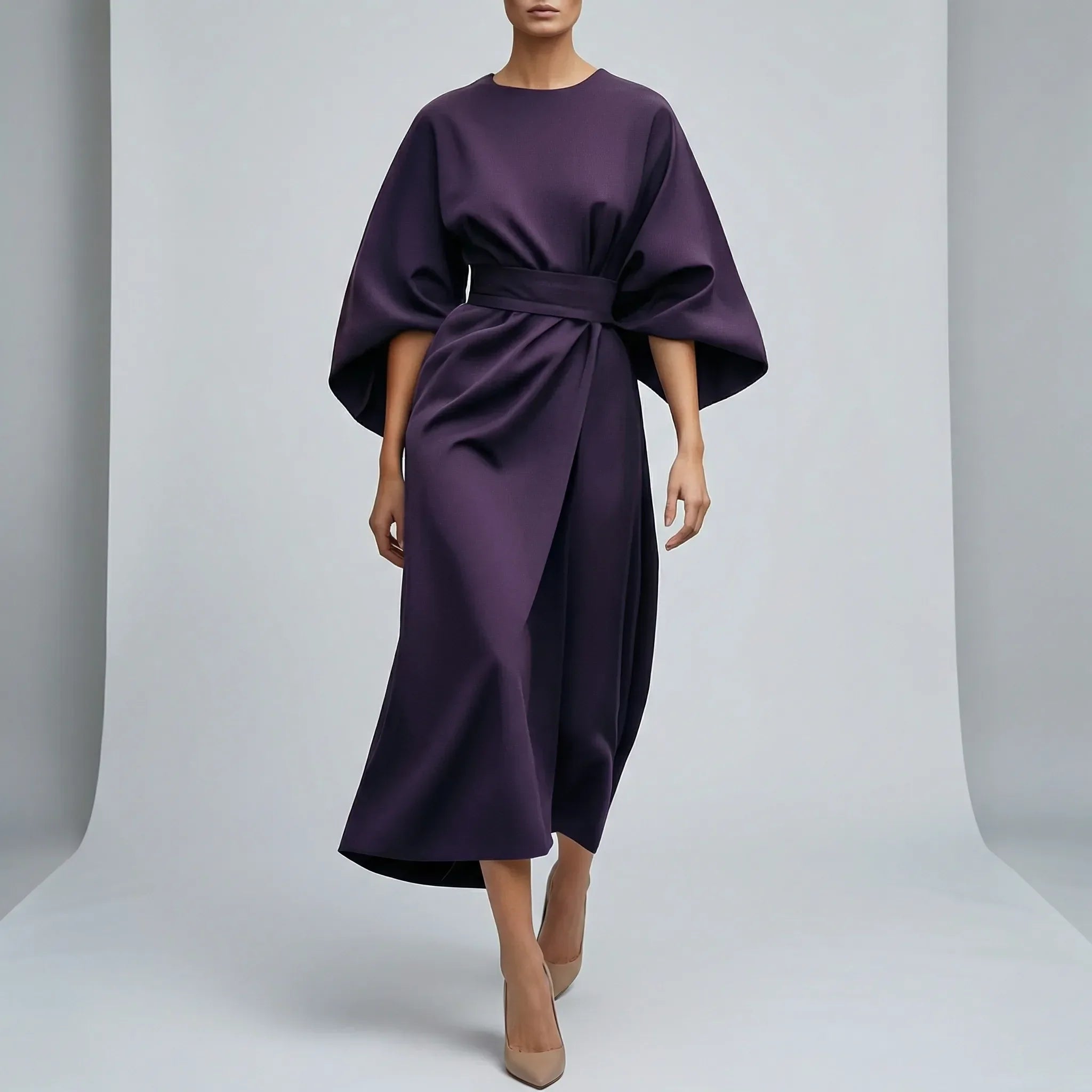 Women’s midi evening dress with lantern sleeves and tie waist belt