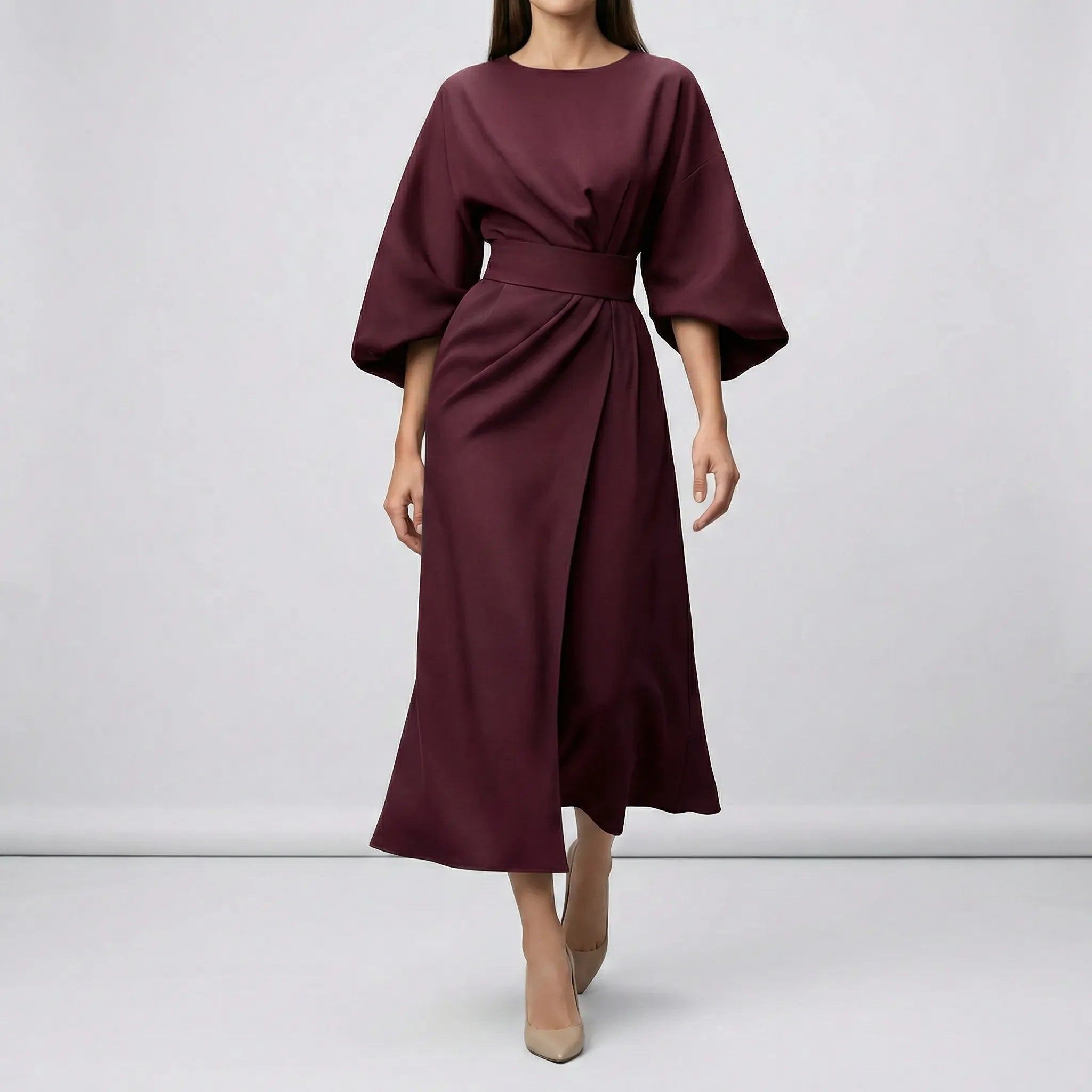 Women’s midi evening dress with lantern sleeves and tie waist belt