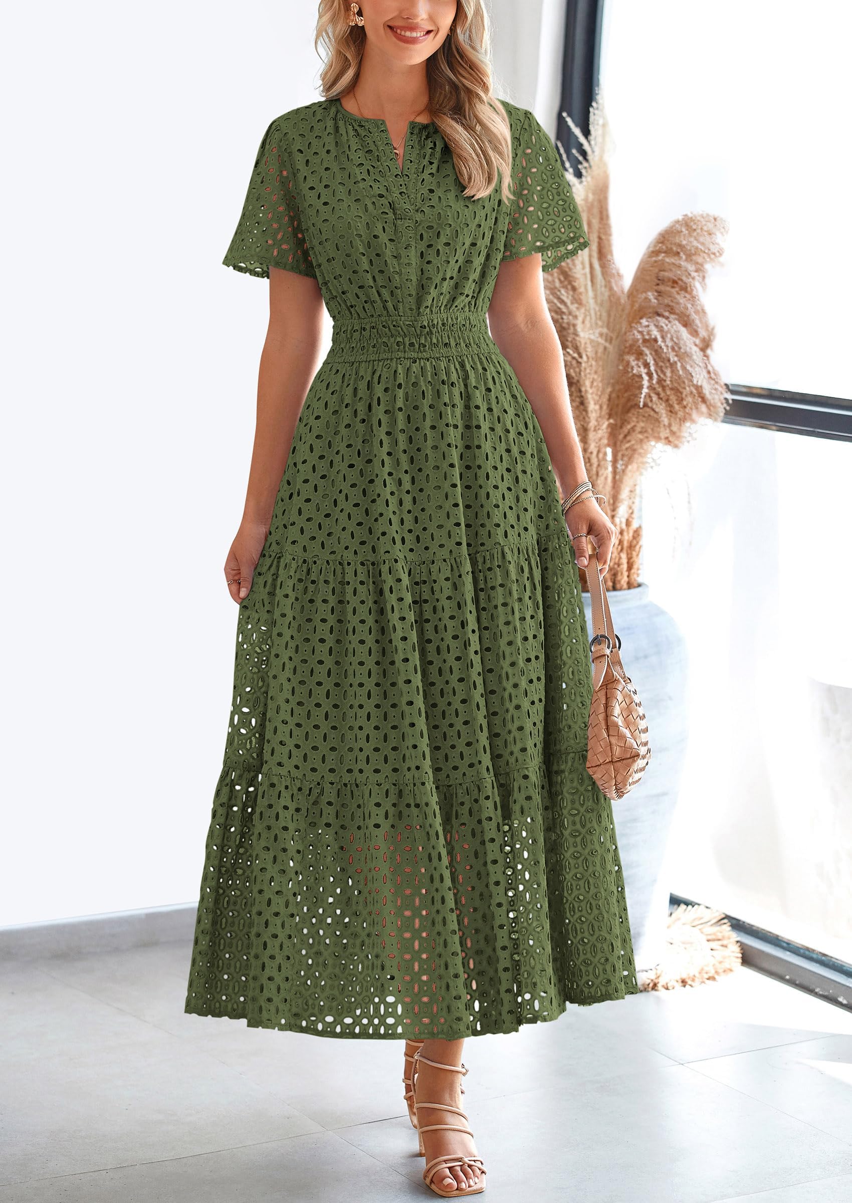 Women’s eyelet cotton summer dress with A-line fit and lightweight breathable fabric for warm weather