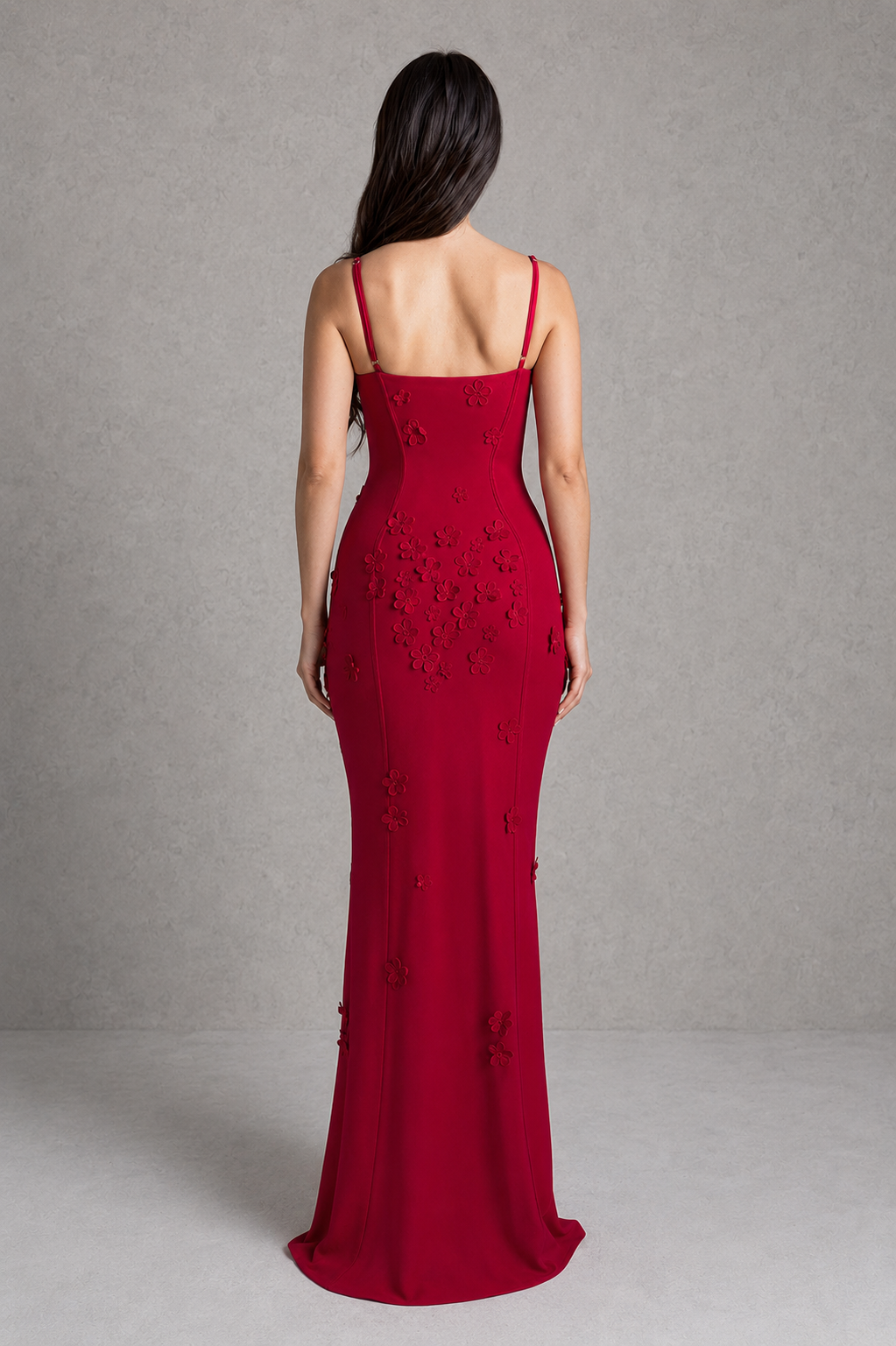 Women's floral appliqué sheer stretch mesh maxi dress with cupped bust, fitted silhouette, and thigh-high split in an elegant evening and formal wear design.