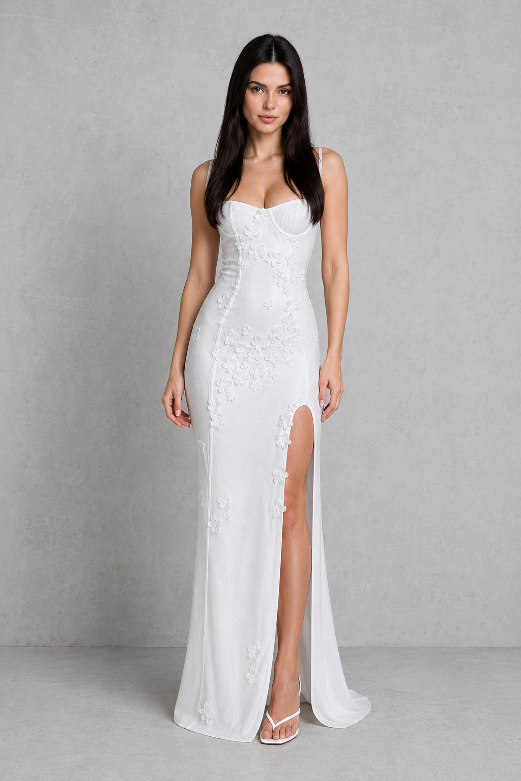 Women's floral appliqué sheer stretch mesh maxi dress with cupped bust, fitted silhouette, and thigh-high split in an elegant evening and formal wear design.