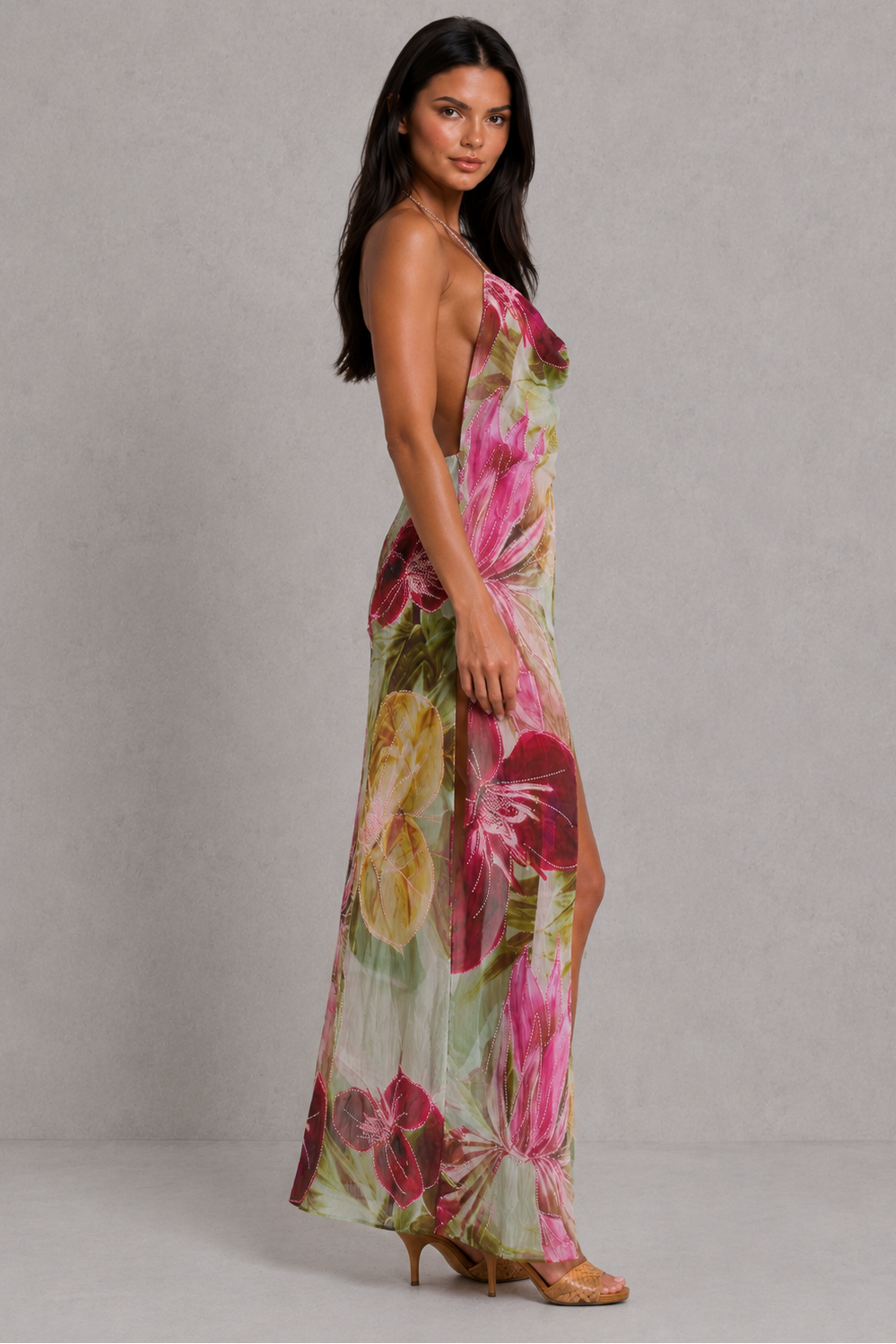 Women’s floral beaded maxi dress featuring intricate hand-beaded embellishments, a draped cowl neckline, open back design, sheer panel accents, and a flowing maxi silhouette with a side split for elegant evening and formal occasions.