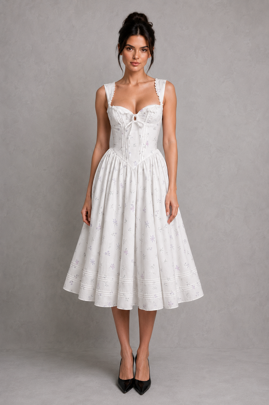 Women’s floral cotton midi dress featuring a square neckline, fitted pintuck bodice, front button closure, lace trim detailing, adjustable lace-up back, and a full voluminous midi skirt in a romantic bridal-inspired silhouette.