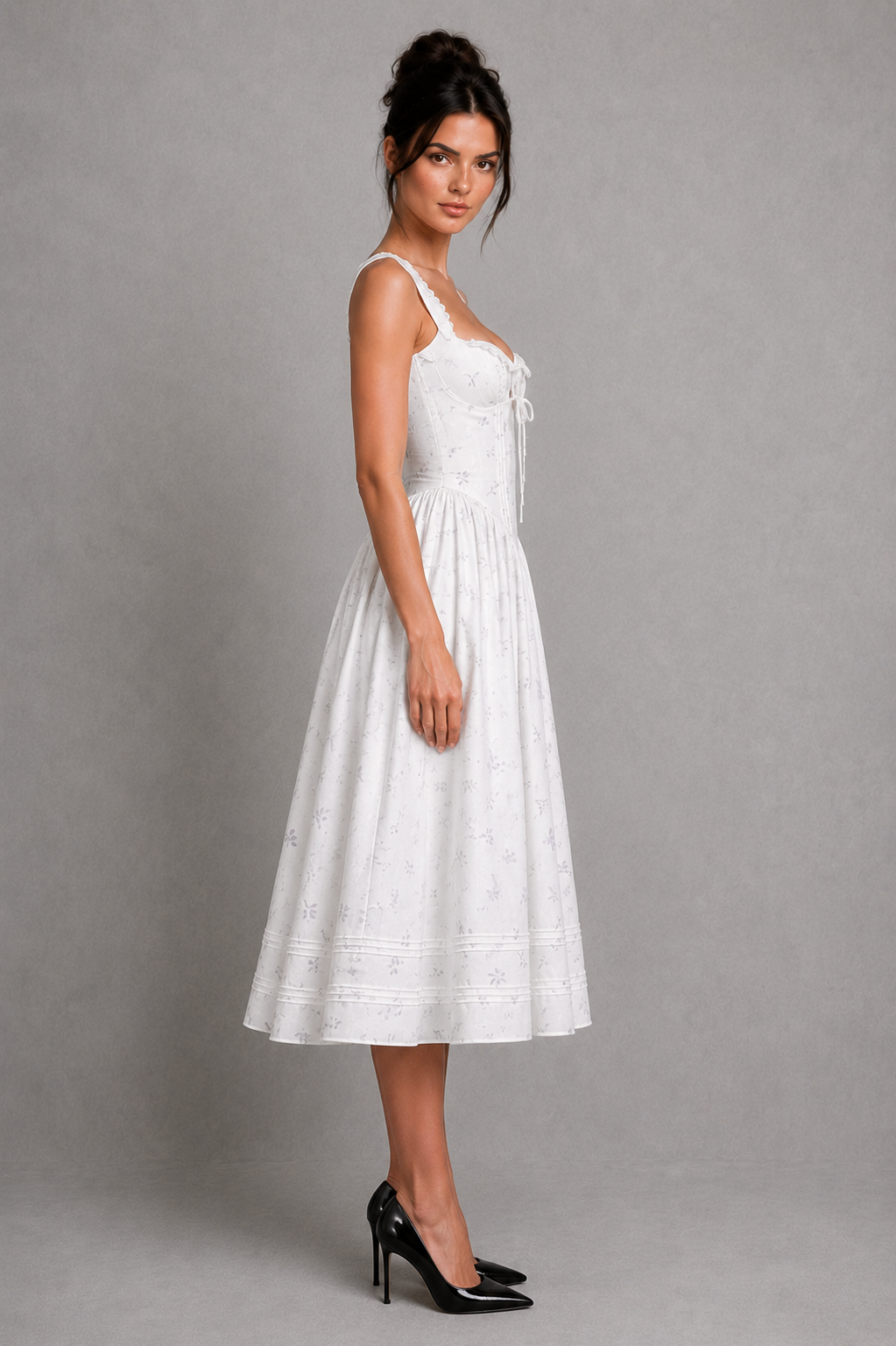 Women’s floral cotton midi dress featuring a square neckline, fitted pintuck bodice, front button closure, lace trim detailing, adjustable lace-up back, and a full voluminous midi skirt in a romantic bridal-inspired silhouette.