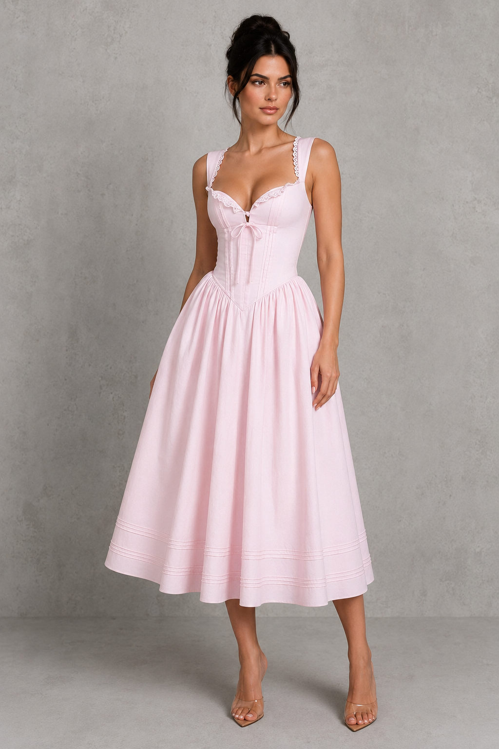 Women’s floral cotton midi dress featuring a square neckline, fitted pintuck bodice, front button closure, lace trim detailing, adjustable lace-up back, and a full voluminous midi skirt in a romantic bridal-inspired silhouette.