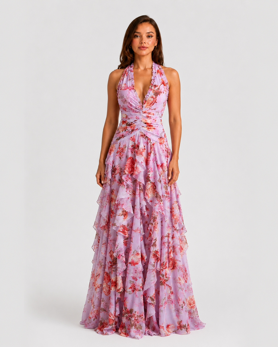 Women’s floral halter maxi dress featuring a gathered halter neckline, ruched waist, and flowing tiered skirt, ideal for weddings, garden parties, and summer events.