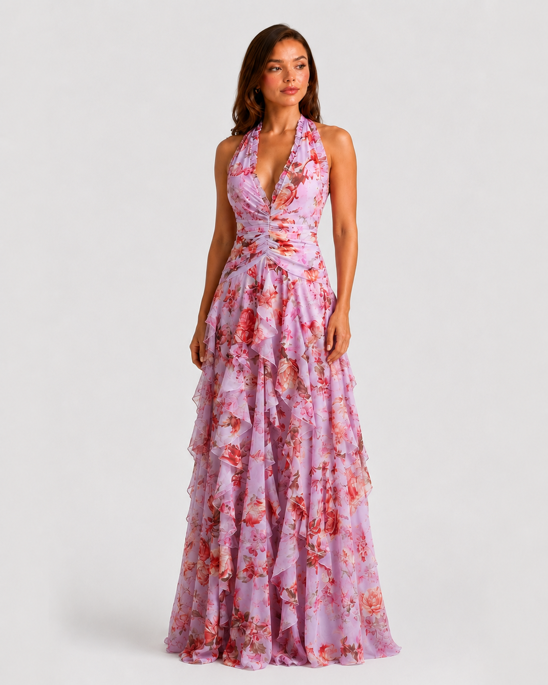 Women’s floral halter maxi dress featuring a gathered halter neckline, ruched waist, and flowing tiered skirt, ideal for weddings, garden parties, and summer events.