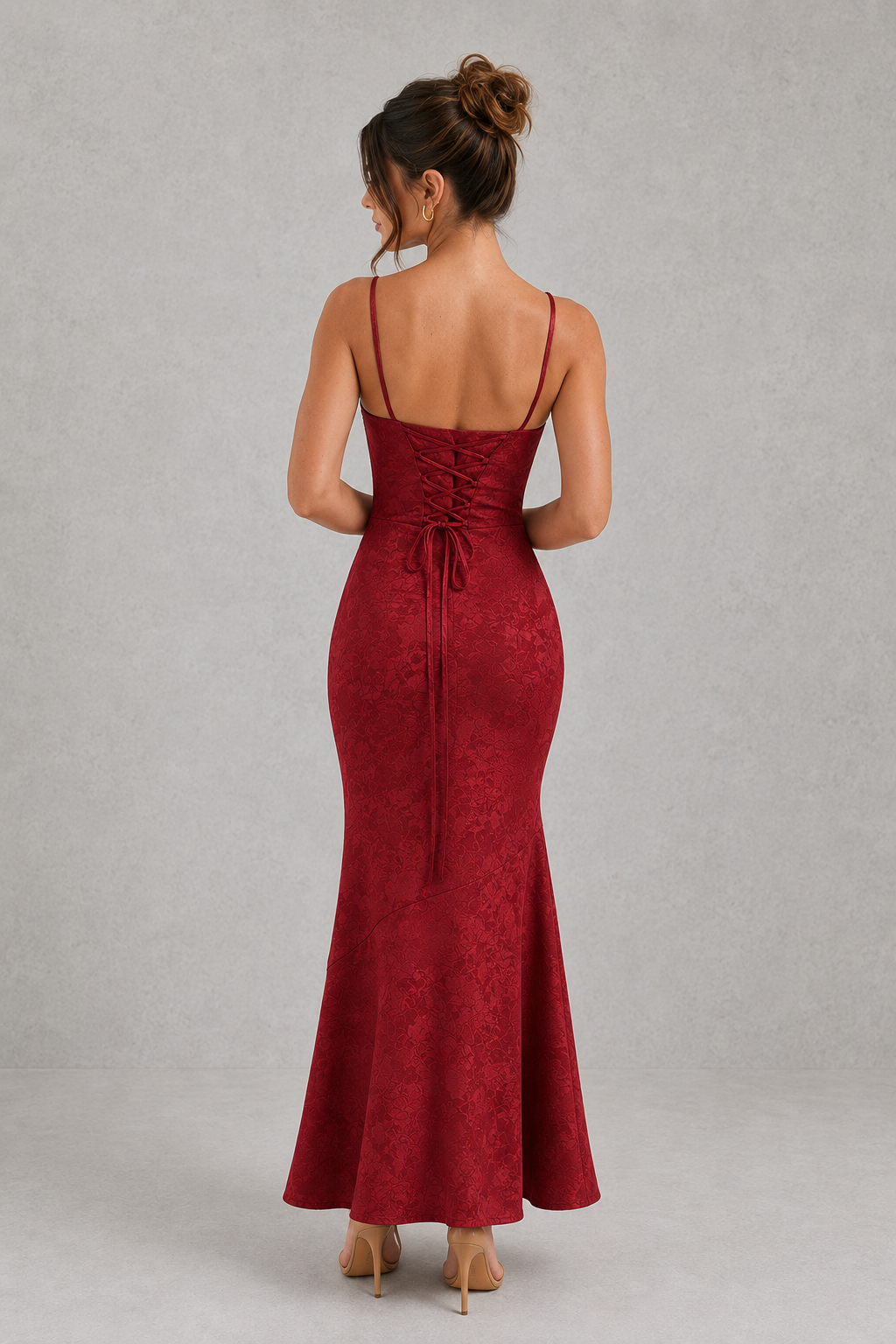 Women's floral jacquard maxi dress featuring a soft cowl neckline, adjustable tie shoulder straps, and a figure-skimming bias-cut silhouette. Elegant textured floral fabric creates graceful movement, making it ideal for evening events, weddings, formal occasions, and special celebrations.