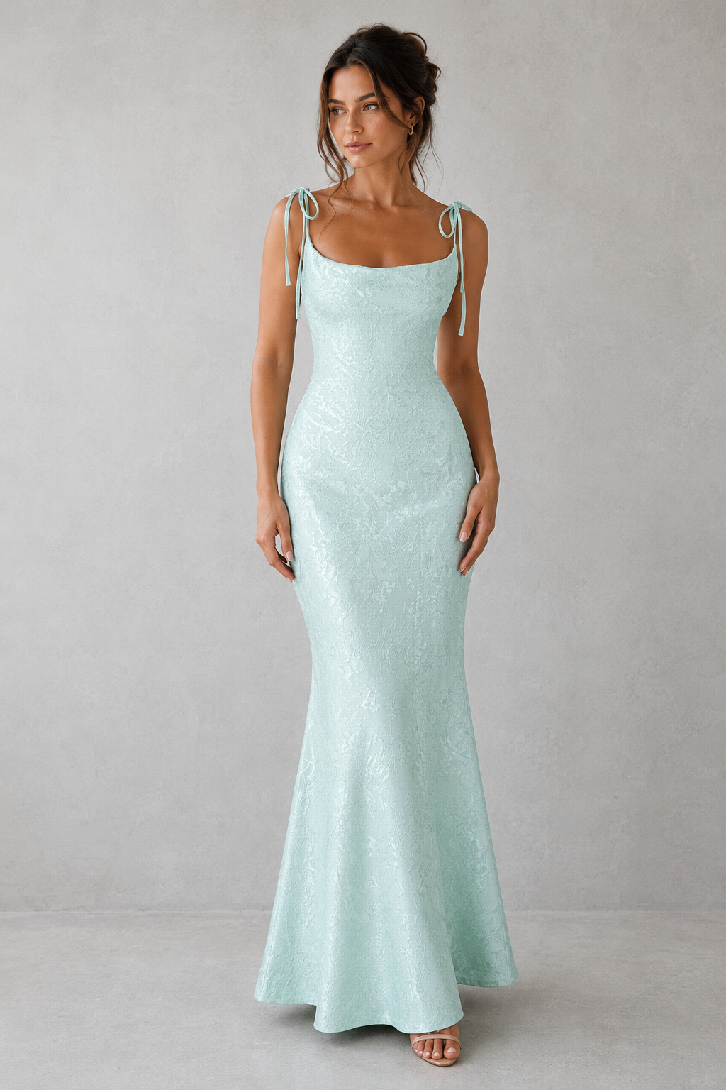 Women's floral jacquard maxi dress featuring a soft cowl neckline, adjustable tie shoulder straps, and a figure-skimming bias-cut silhouette. Elegant textured floral fabric creates graceful movement, making it ideal for evening events, weddings, formal occasions, and special celebrations.