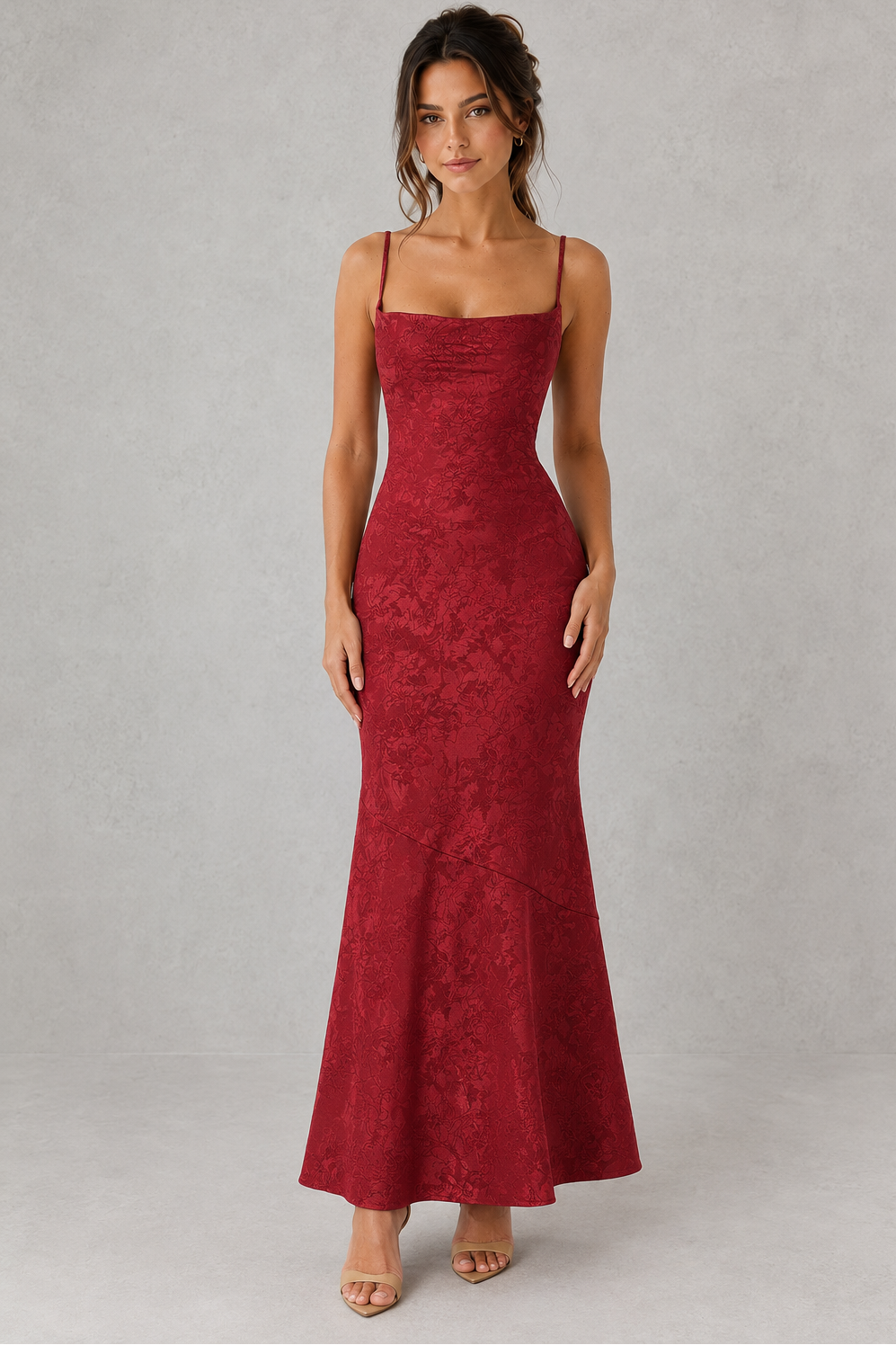 Women's floral jacquard maxi dress featuring a soft cowl neckline, adjustable tie shoulder straps, and a figure-skimming bias-cut silhouette. Elegant textured floral fabric creates graceful movement, making it ideal for evening events, weddings, formal occasions, and special celebrations.