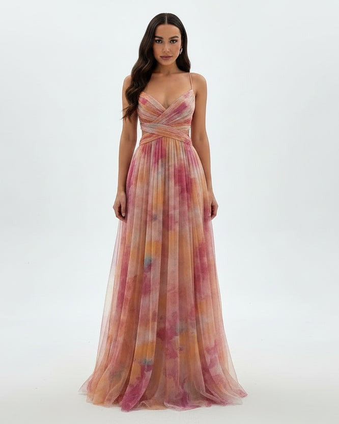 Women’s floral maxi dress with adjustable back and flowing silhouette