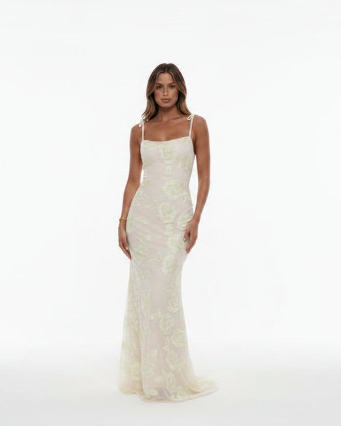 Women’s powder blue floral maxi dress with shoulder tie straps and flared hem