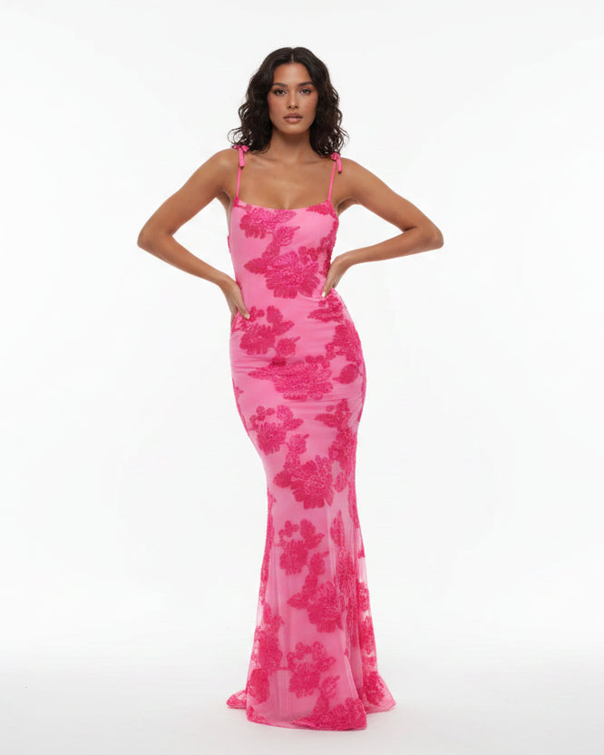 Women’s powder blue floral maxi dress with shoulder tie straps and flared hem