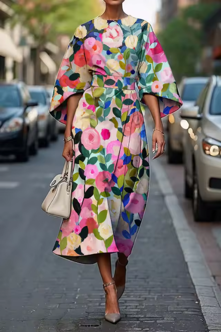 Women’s floral midi dress with flowing silhouette for summer and evening events