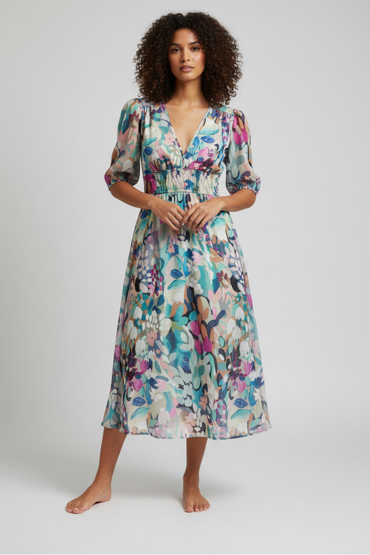 Women's floral midi summer dress by Klyne Studios featuring a relaxed silhouette, puff sleeves, and lightweight breathable fabric, ideal for casual outings, special occasions, and day-to-night wear.
