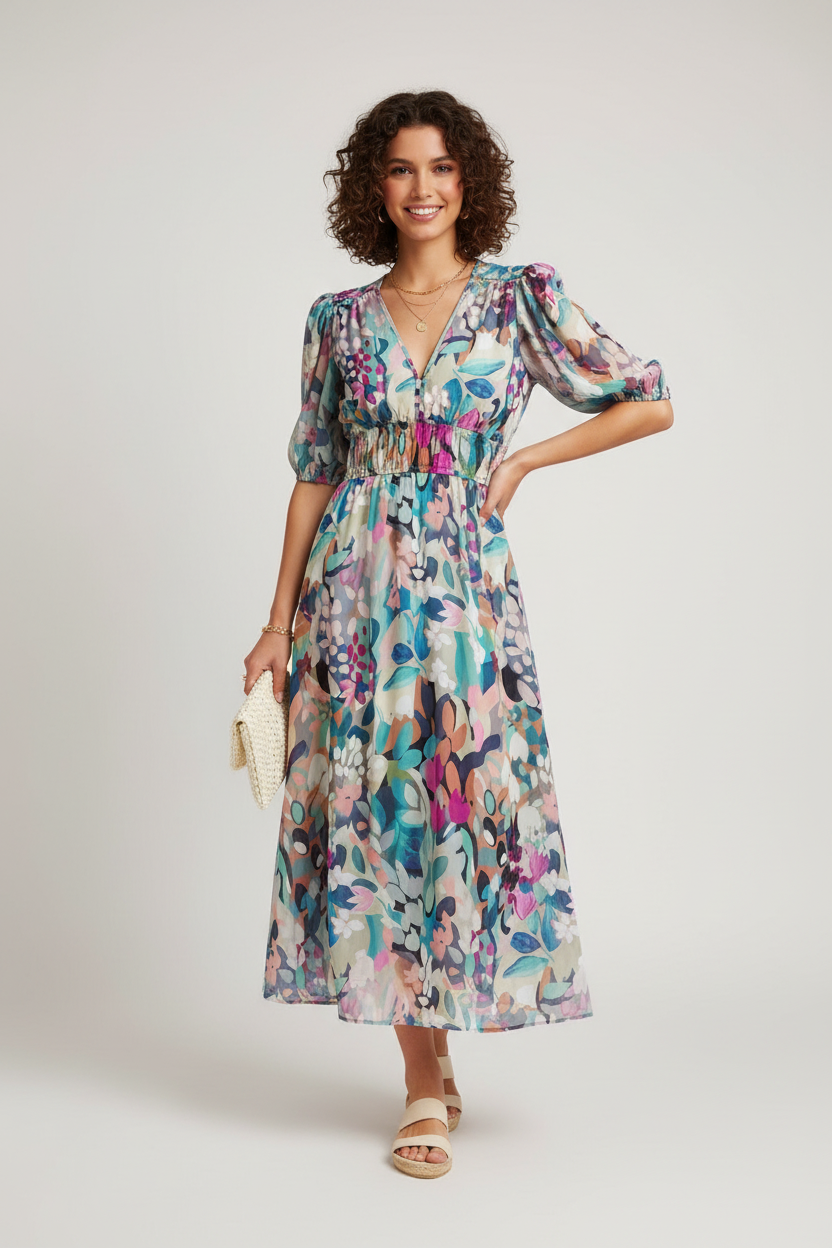 Women's floral midi summer dress by Klyne Studios featuring a relaxed silhouette, puff sleeves, and lightweight breathable fabric, ideal for casual outings, special occasions, and day-to-night wear.