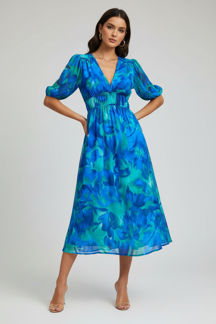 Women's floral midi summer dress by Klyne Studios featuring a relaxed silhouette, puff sleeves, and lightweight breathable fabric, ideal for casual outings, special occasions, and day-to-night wear.