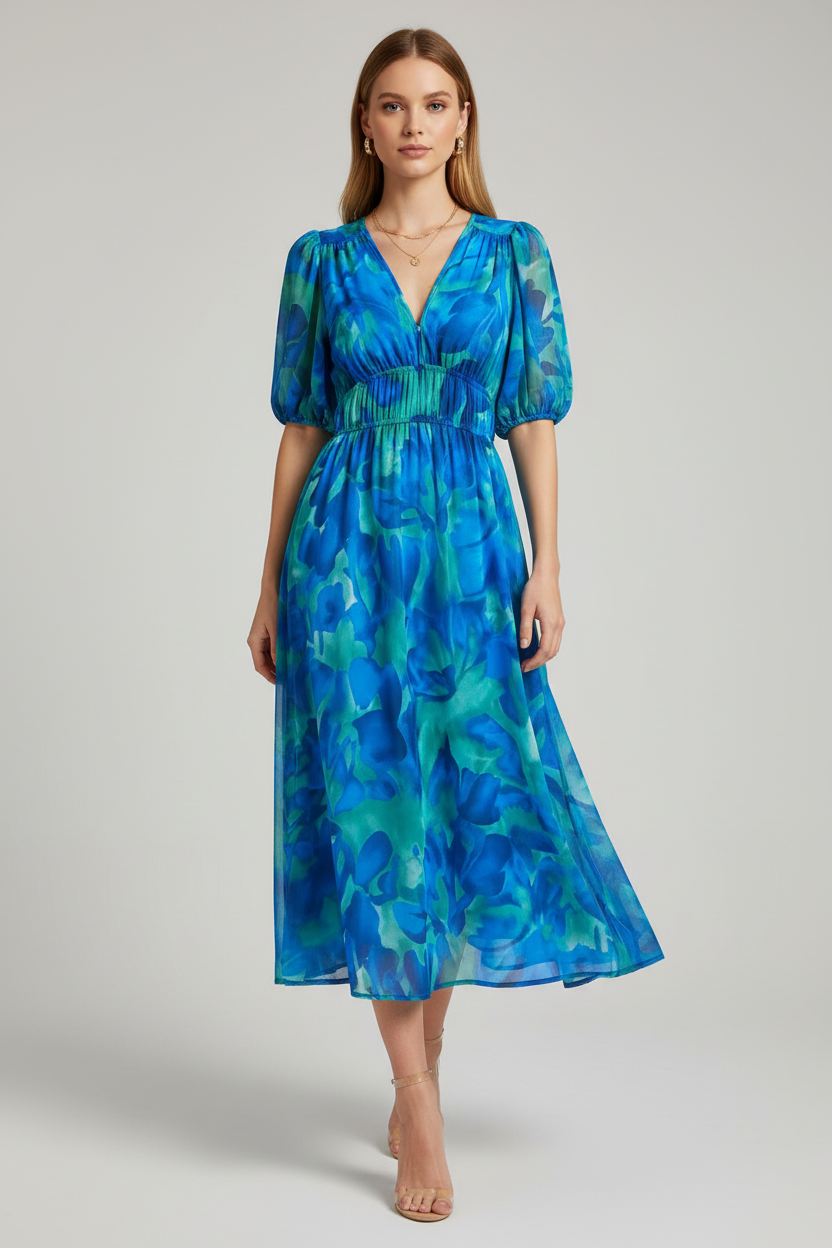 Women's floral midi summer dress by Klyne Studios featuring a relaxed silhouette, puff sleeves, and lightweight breathable fabric, ideal for casual outings, special occasions, and day-to-night wear.