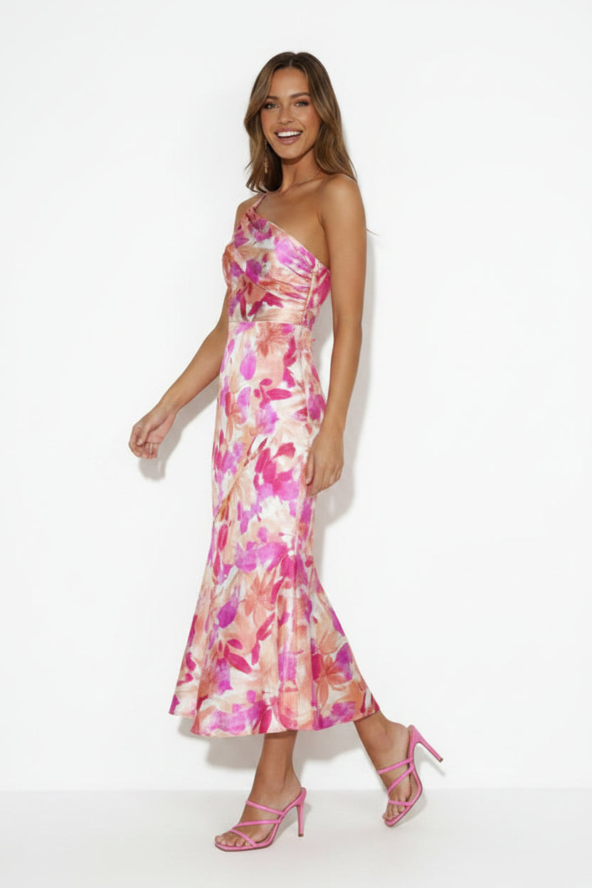 Women’s floral one shoulder midi dress for summer events and vacations