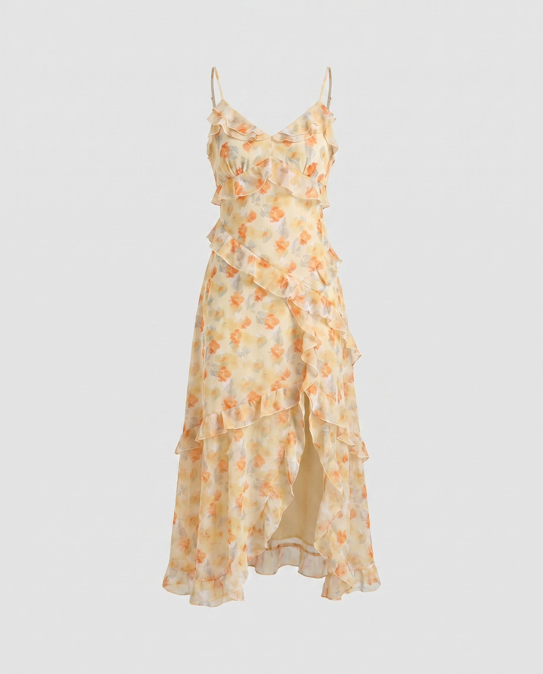 Women’s floral off-shoulder midi dress featuring delicate ruffle detailing, a flowing silhouette, and lightweight sheer fabric, ideal for summer occasions, vacations, and warm-weather styling.