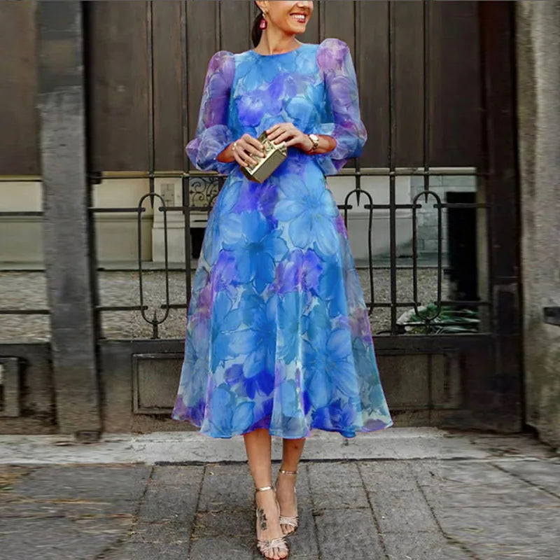 Women's floral midi dress with sheer puff sleeves