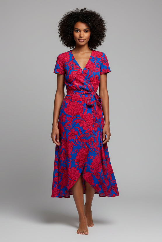 Women’s floral wrap midi dress with breathable fabric and flattering fit