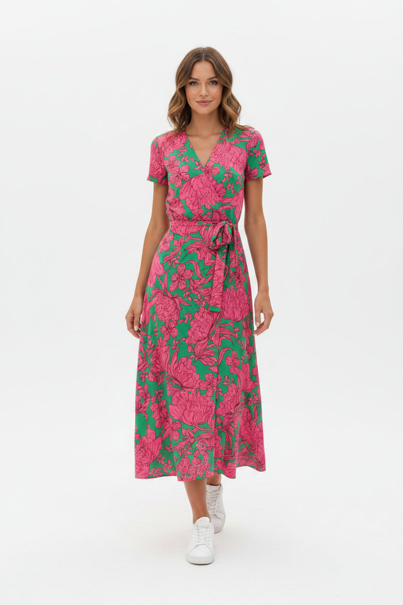 Women’s floral wrap midi dress with breathable fabric and flattering fit