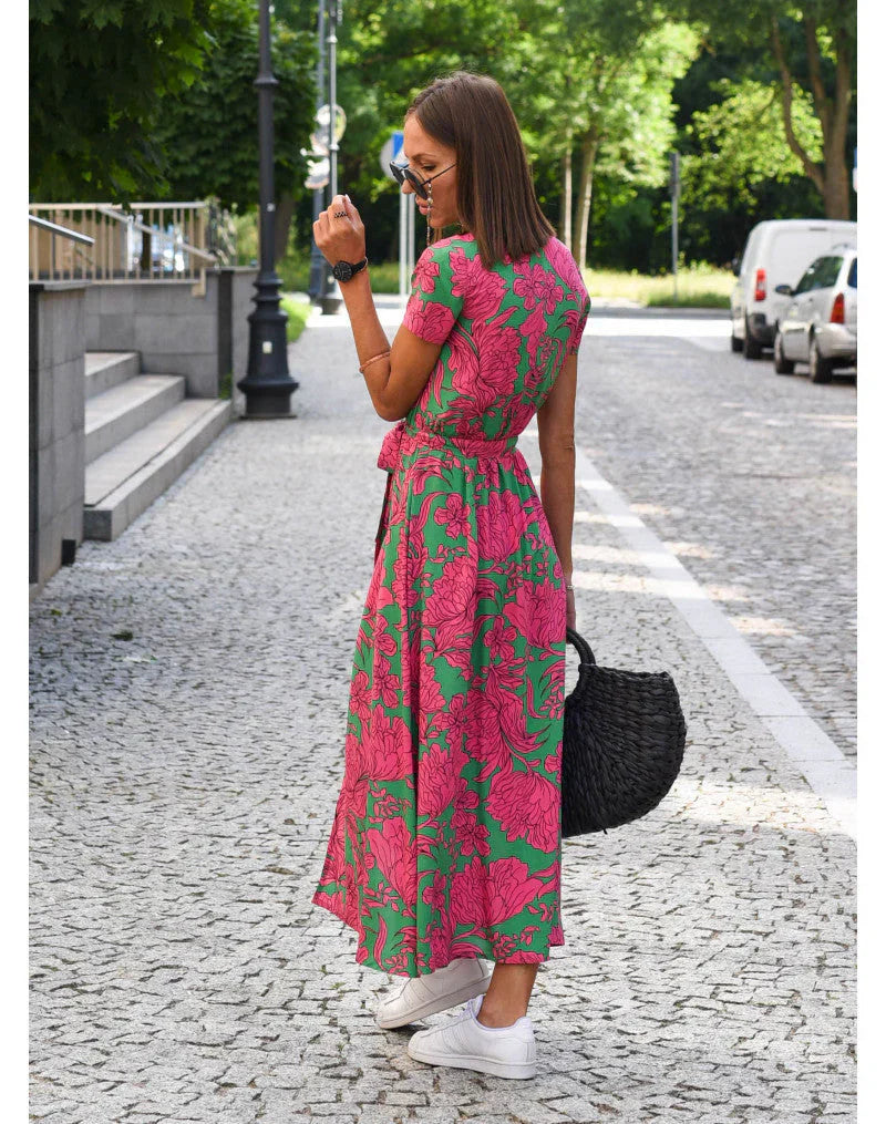 Women’s floral wrap midi dress with breathable fabric and flattering fit