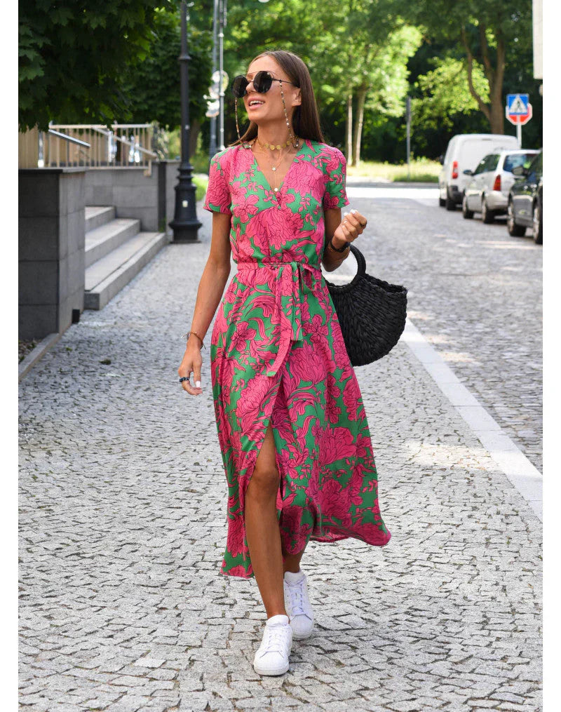Women’s floral wrap midi dress with breathable fabric and flattering fit