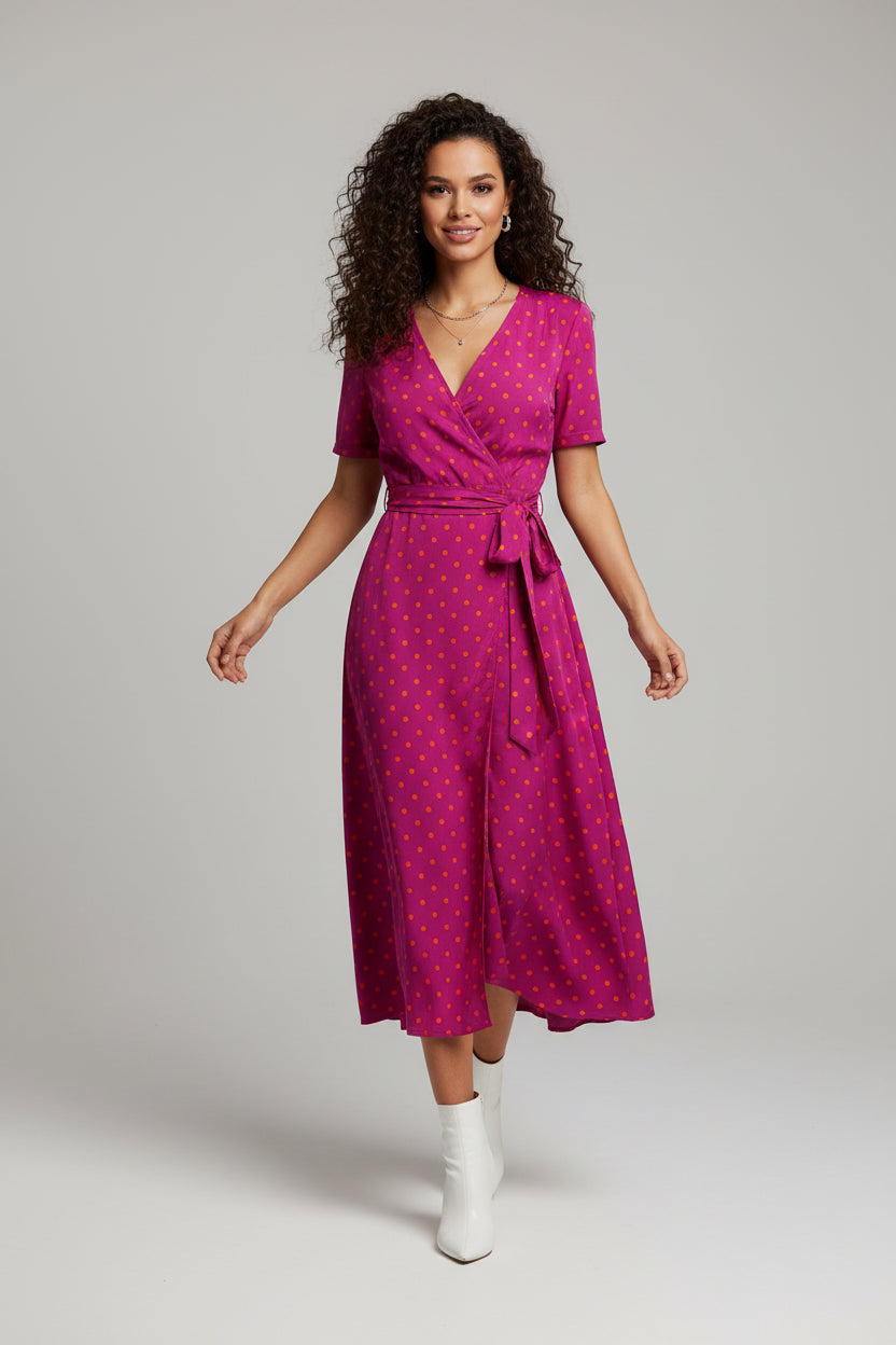 Women’s floral wrap midi dress with breathable fabric and flattering fit