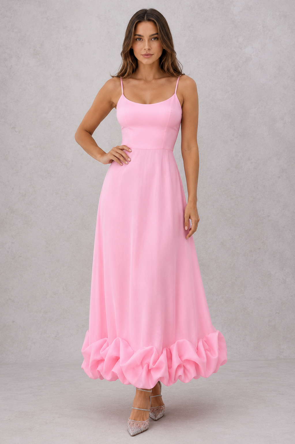 Women's flowing midi dress with a defined waist, lightweight breathable fabric, and graceful skirt silhouette, ideal for everyday wear, events, and special occasions.