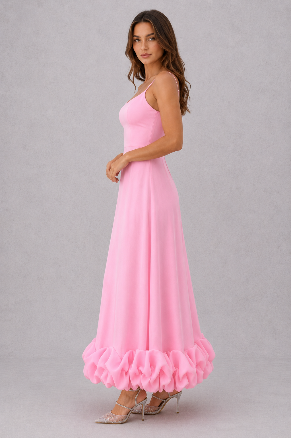 Women's flowing midi dress with a defined waist, lightweight breathable fabric, and graceful skirt silhouette, ideal for everyday wear, events, and special occasions.