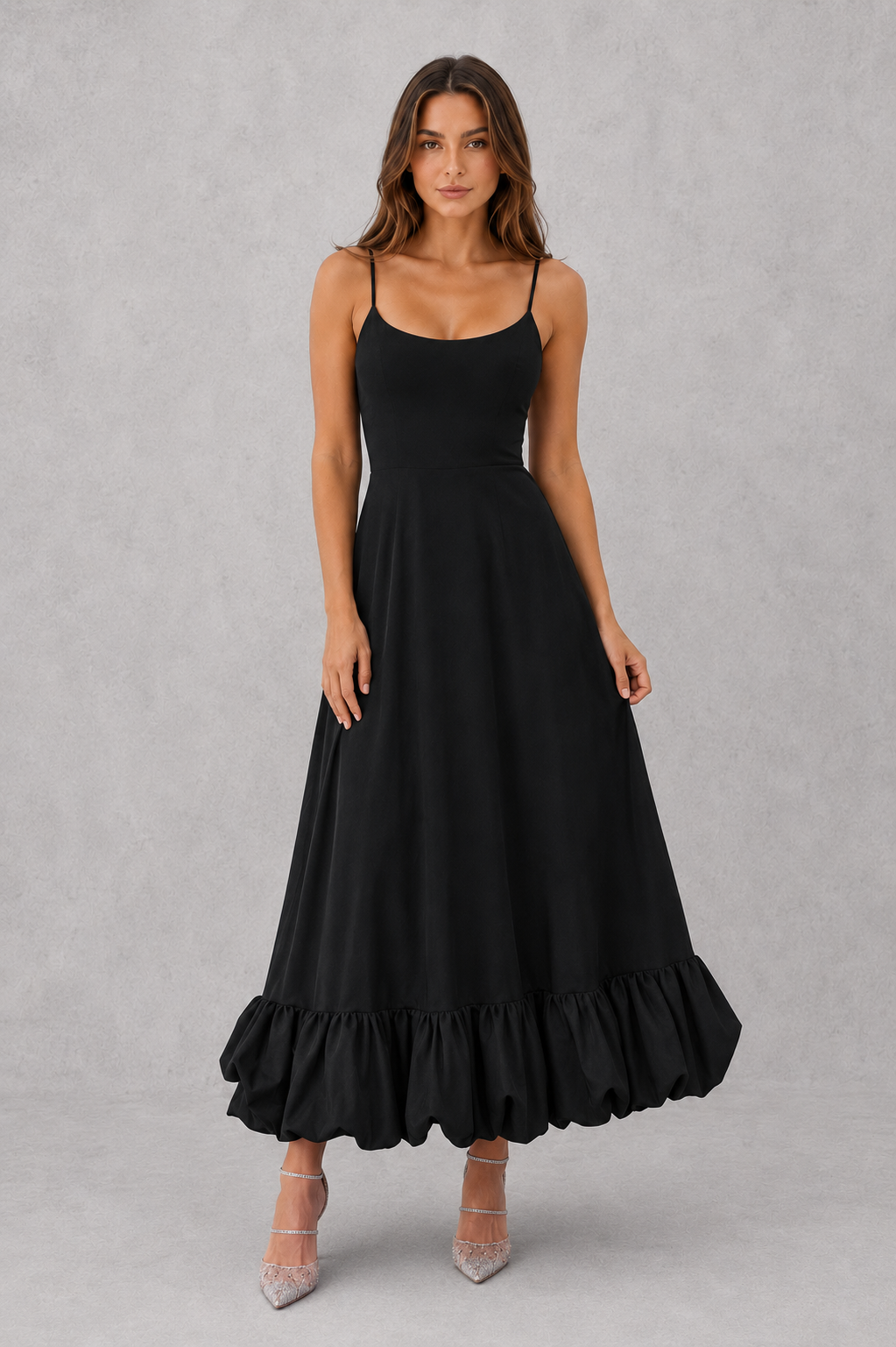 Women's flowing midi dress with a defined waist, lightweight breathable fabric, and graceful skirt silhouette, ideal for everyday wear, events, and special occasions.