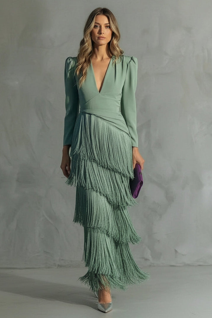 Women’s fringe sleeve maxi occasion dress with flowing silhouette, relaxed fit, and elegant drape, designed for parties, dinners, celebrations, and special events.