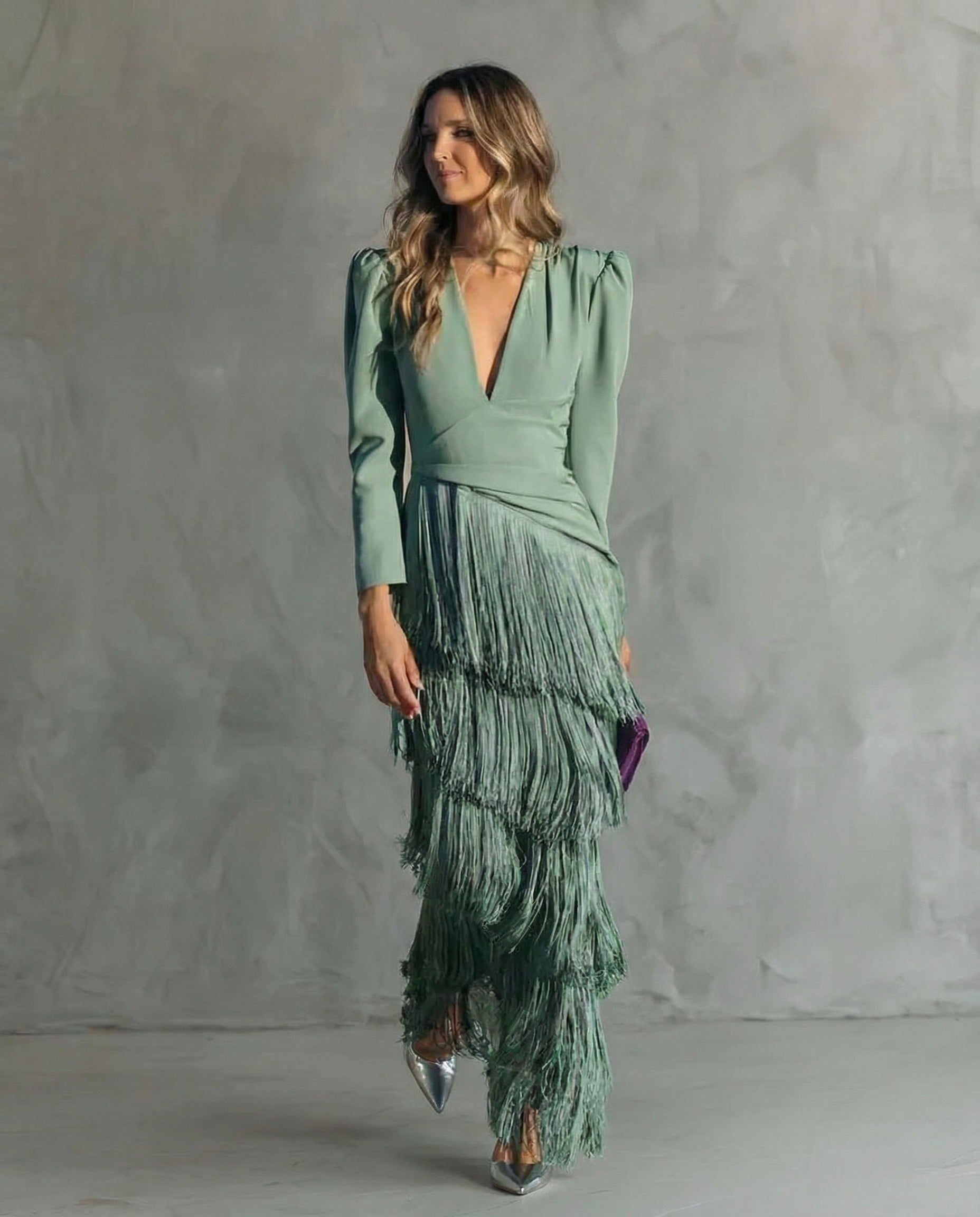 Women’s fringe sleeve maxi occasion dress with flowing silhouette, relaxed fit, and elegant drape, designed for parties, dinners, celebrations, and special events.