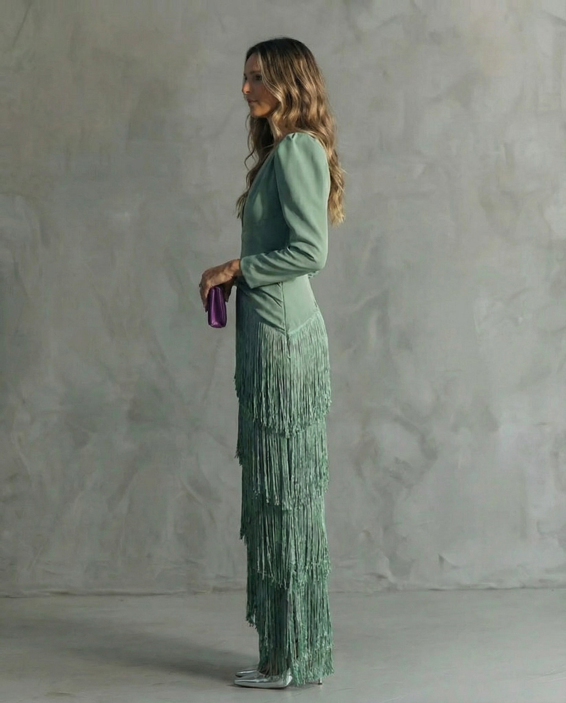 Women’s fringe sleeve maxi occasion dress with flowing silhouette, relaxed fit, and elegant drape, designed for parties, dinners, celebrations, and special events.