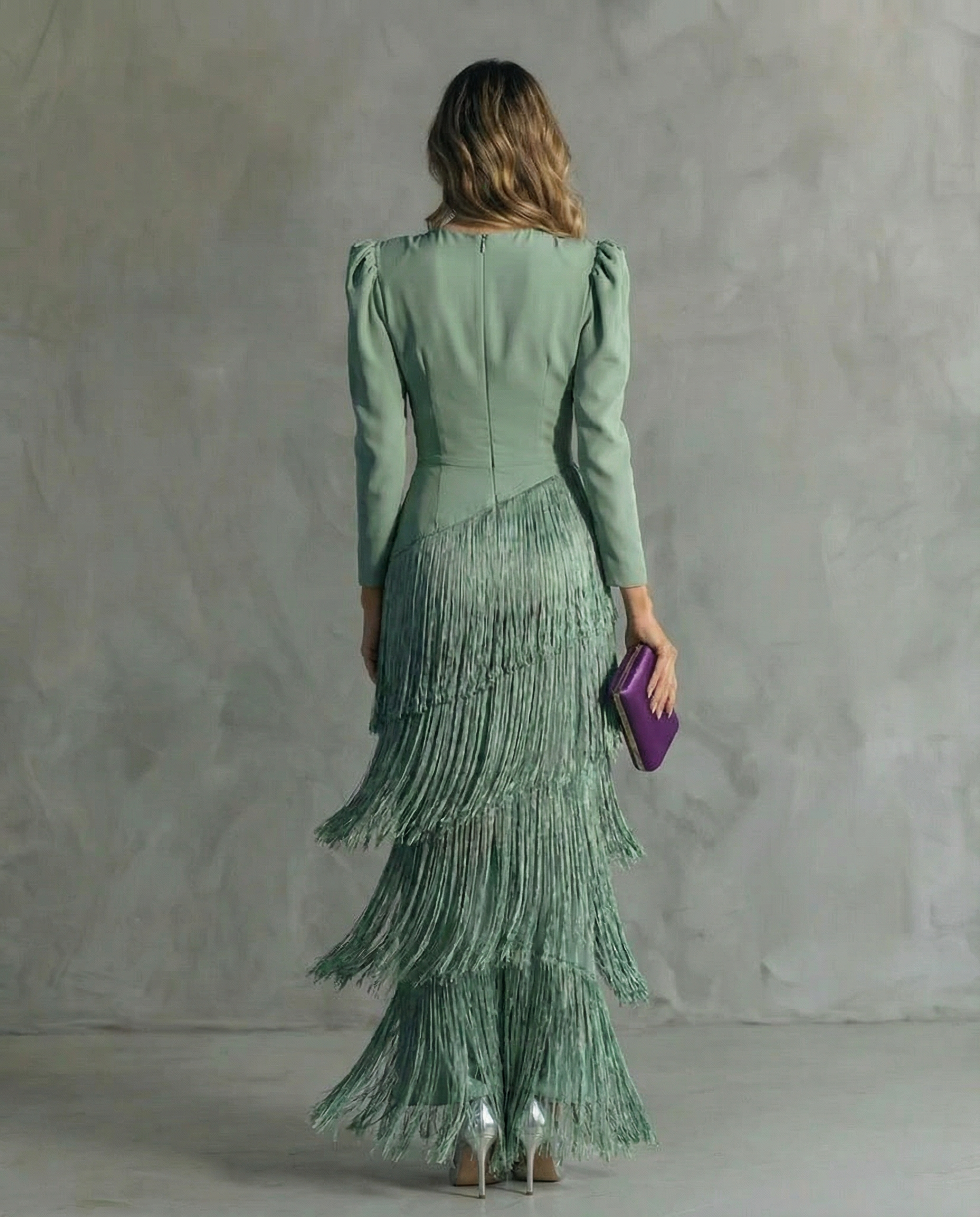 Women’s fringe sleeve maxi occasion dress with flowing silhouette, relaxed fit, and elegant drape, designed for parties, dinners, celebrations, and special events.